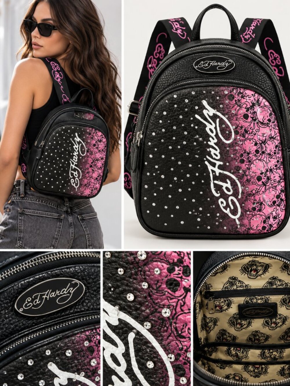 Ed Hardy Y2K Skull Rhinestone Mini Backpack Black Pink Tattoo Goth Punk